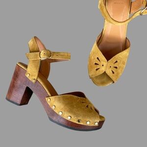 SEZANE Mustard Yellow Suede Leather Open Toe Wooden Heel Sienna Mule Clogs